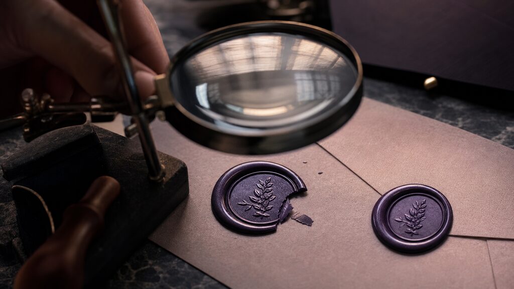Macro photograph of a wax seal with a subtle flaw being inspected under a desk magnifier