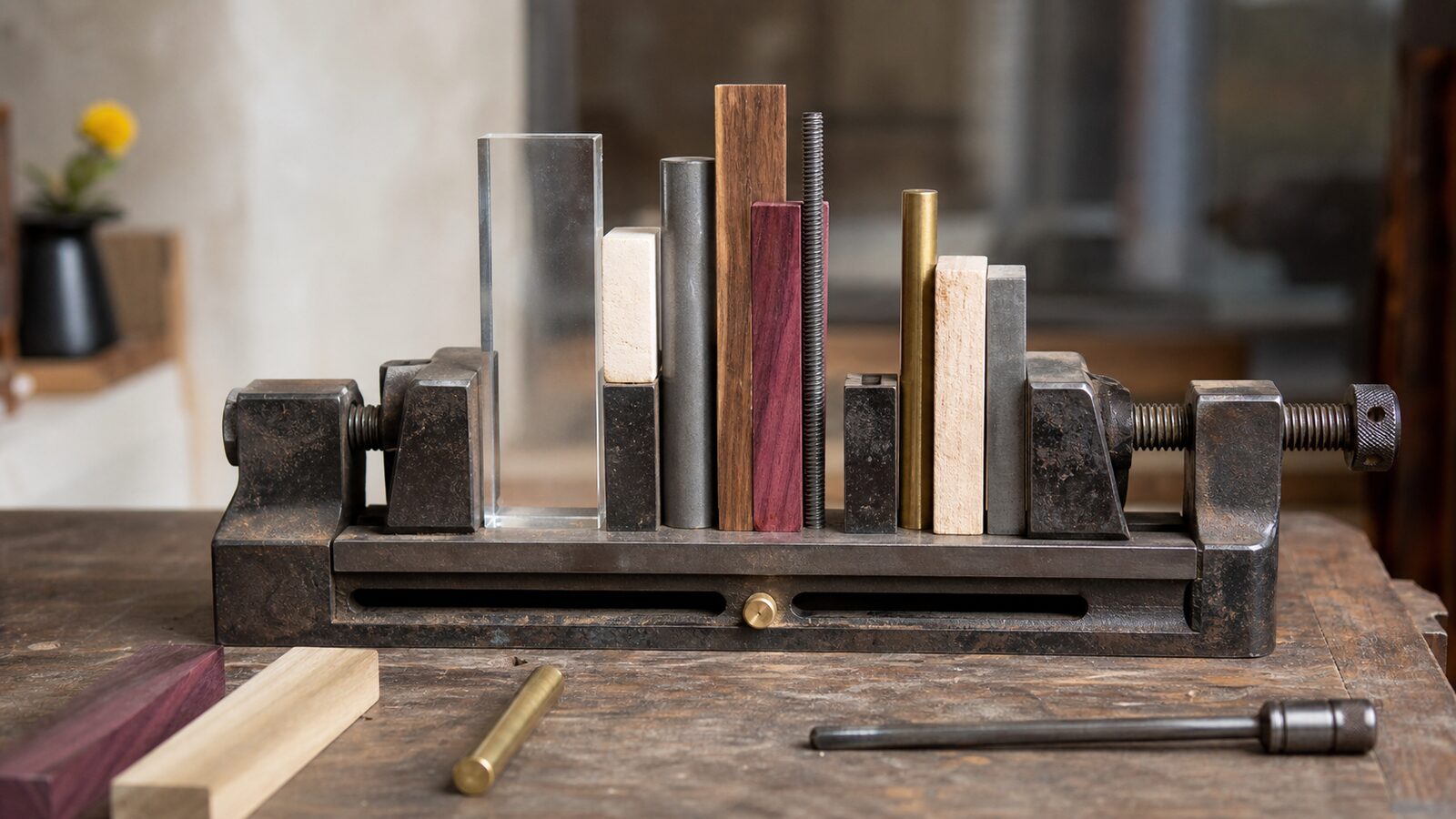 Durable workshop jig holding varied materials in the right place, marked by use rather than decorative cleverness