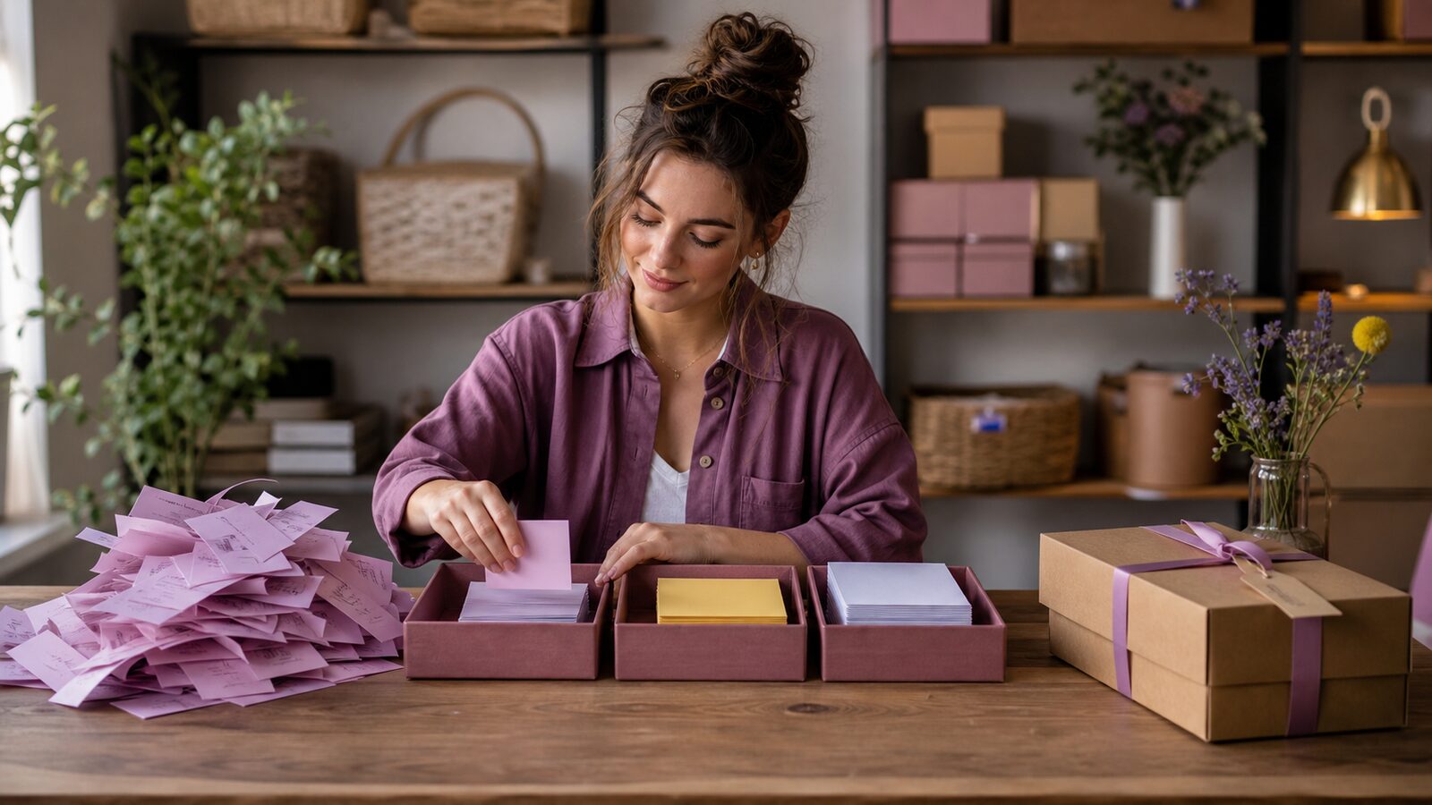 Small-business worktable where a previously tangled pile of tasks has become three calm, organised work trays
