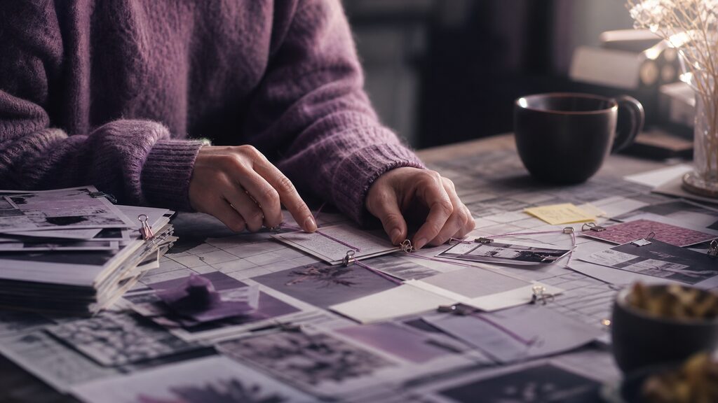 Researcher tracing a highlighted source from a stack of reference pages to a single customer enquiry card
