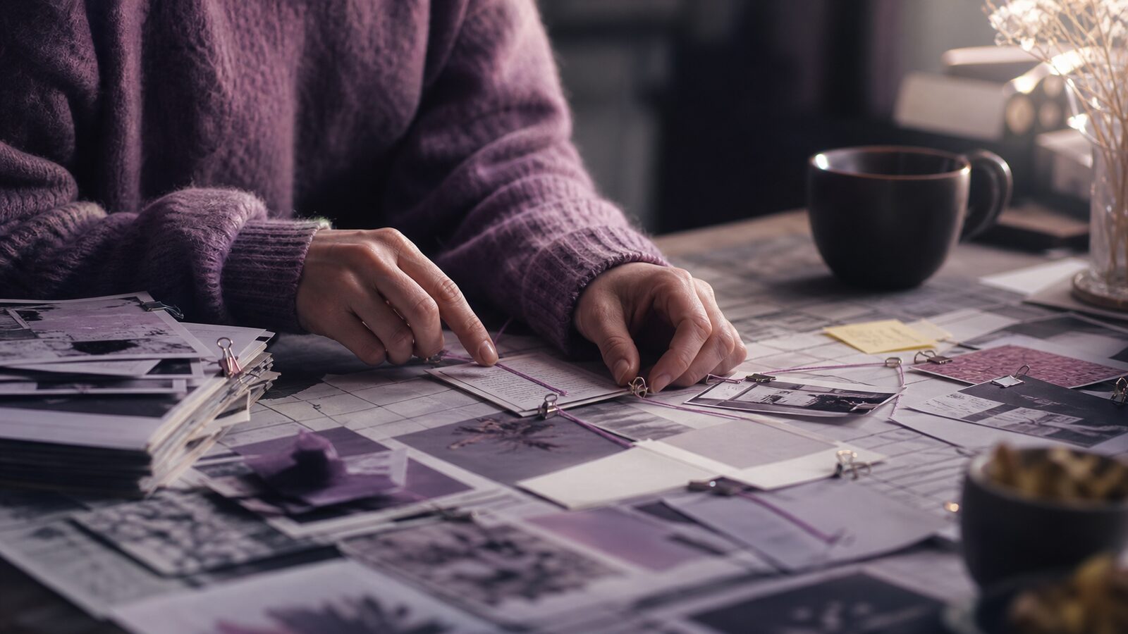 Researcher tracing a highlighted source from a stack of reference pages to a single customer enquiry card