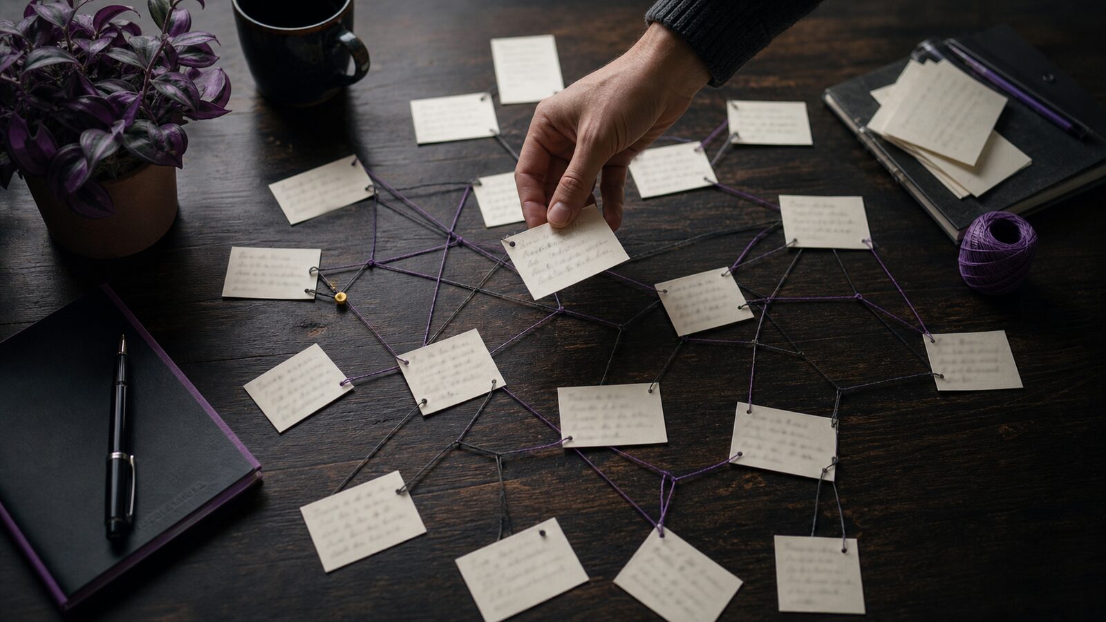 Overhead desk with small handwritten note cards physically cross-linked by fine thread, forming an organic knowledge garden