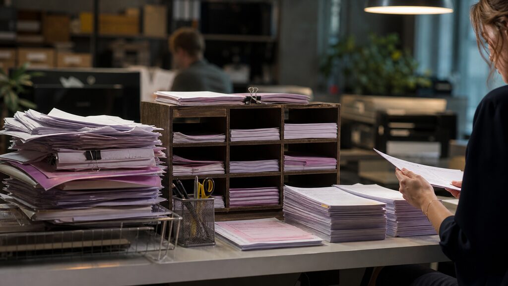 Repetitive paperwork moving through a compact tabletop sorting station into clearly finished stacks
