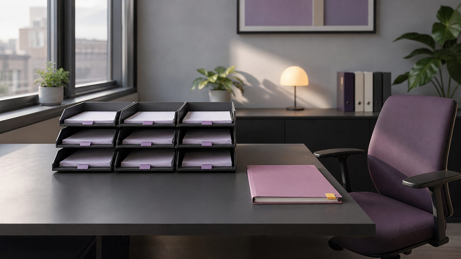 Empty assistant''s chair beside a carefully bounded set of automated task trays, making the distinction physical