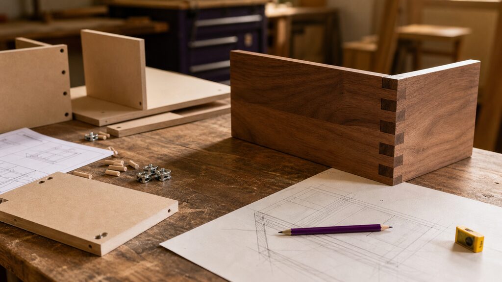 Split workbench: a flat-pack toolkit and instructions on one side, a precisely fitted handcrafted joint on the other