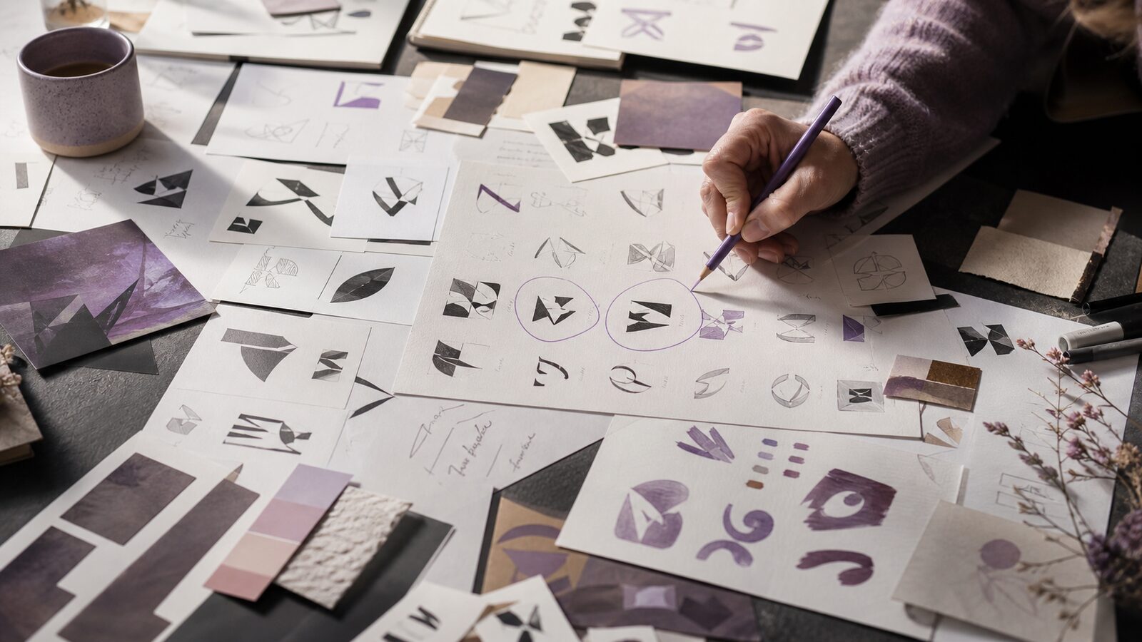 Designer''s table covered with varied abstract thumbnail sketches, one hand circling promising forms with a violet pencil