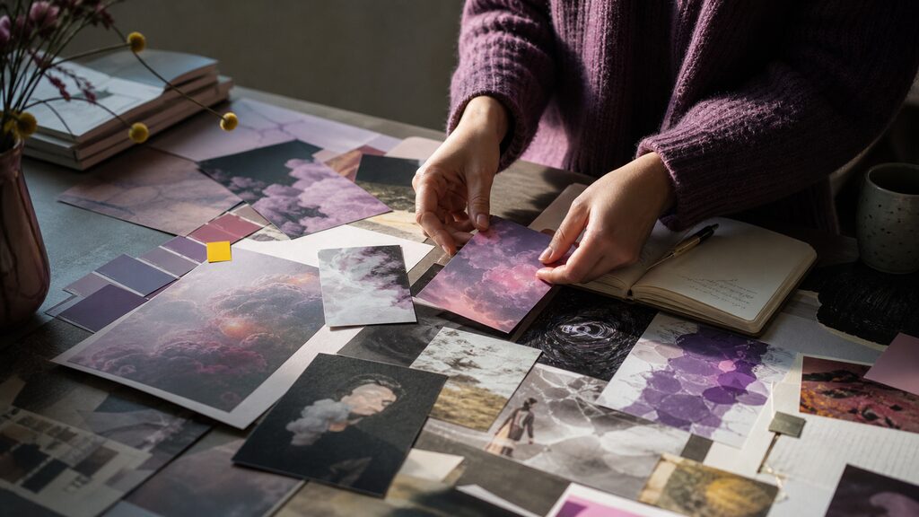 First creative session at a dim studio desk: mood-board fragments, colour swatches and surprising image studies emerging together