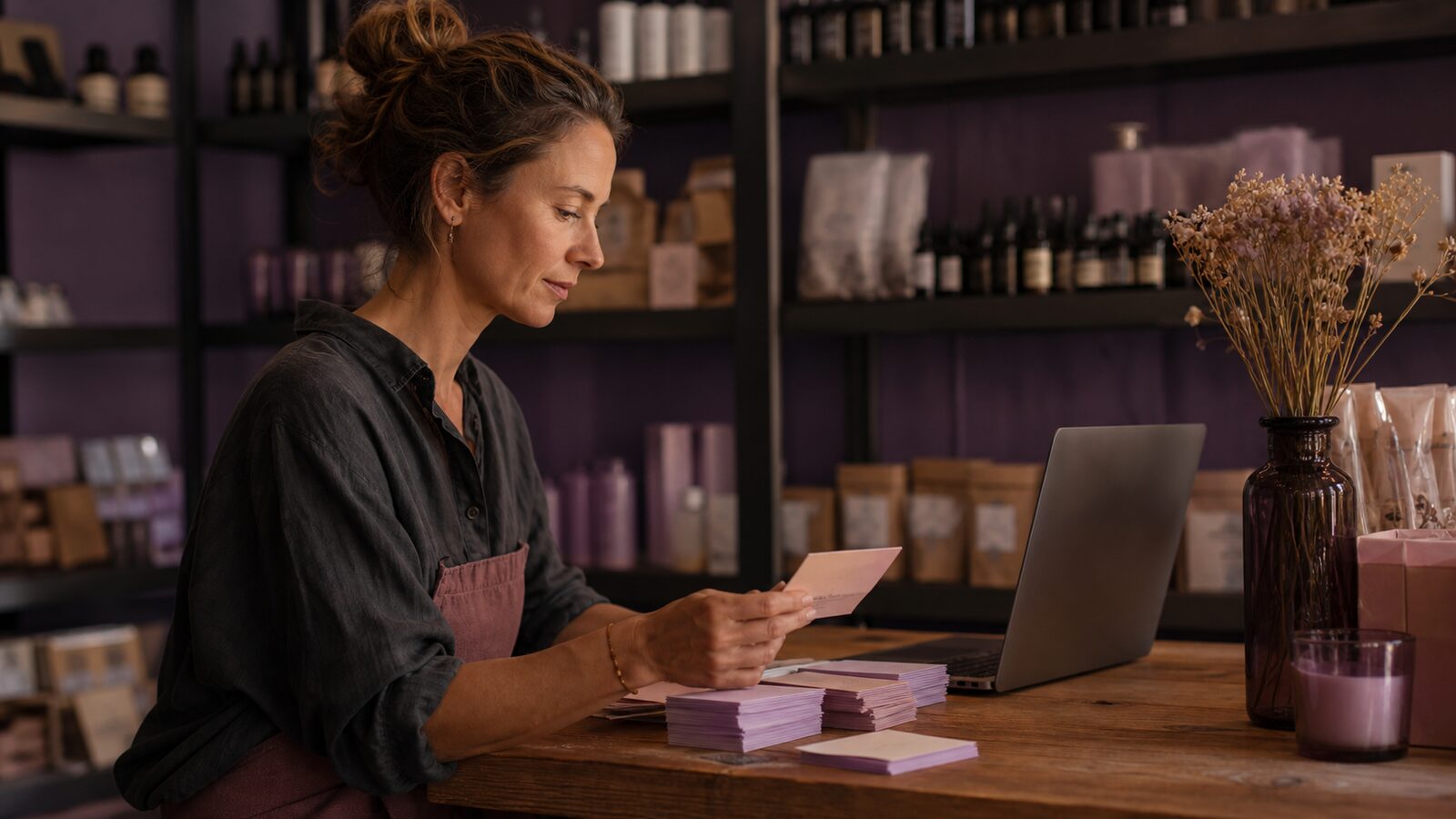 Shop owner reviewing a neatly sorted stack of customer enquiry cards beside a laptop, photographed after closing time