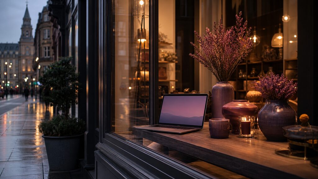 Carefully dressed independent shop window at dusk, with the physical display echoed by a softly glowing laptop inside