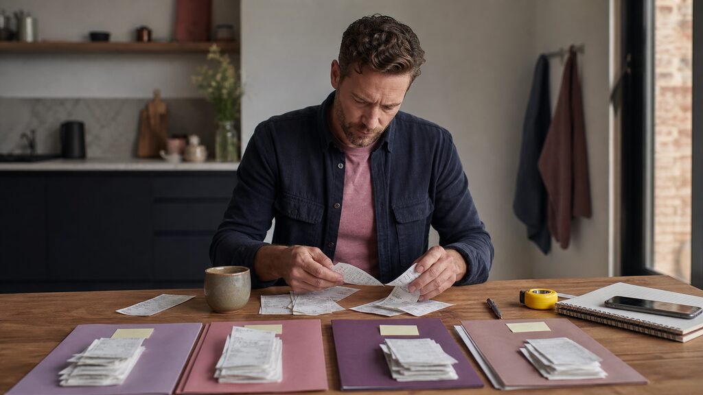 Tradesperson''s kitchen table with receipts being sorted into four quarterly folders beside a laptop and tea mug