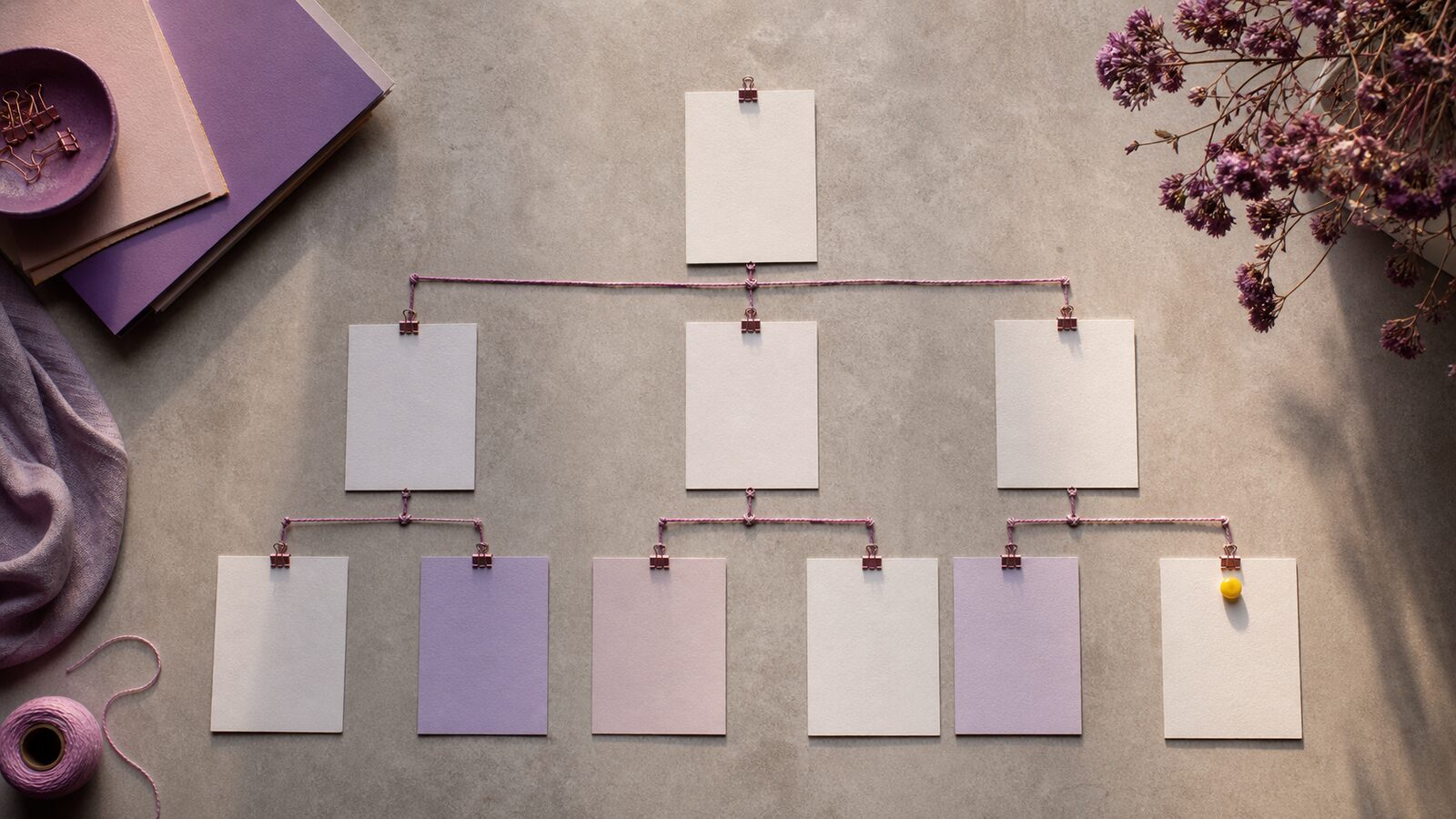 Overhead architectural plan made from connected page cards, with one clear route highlighted by a yellow pin