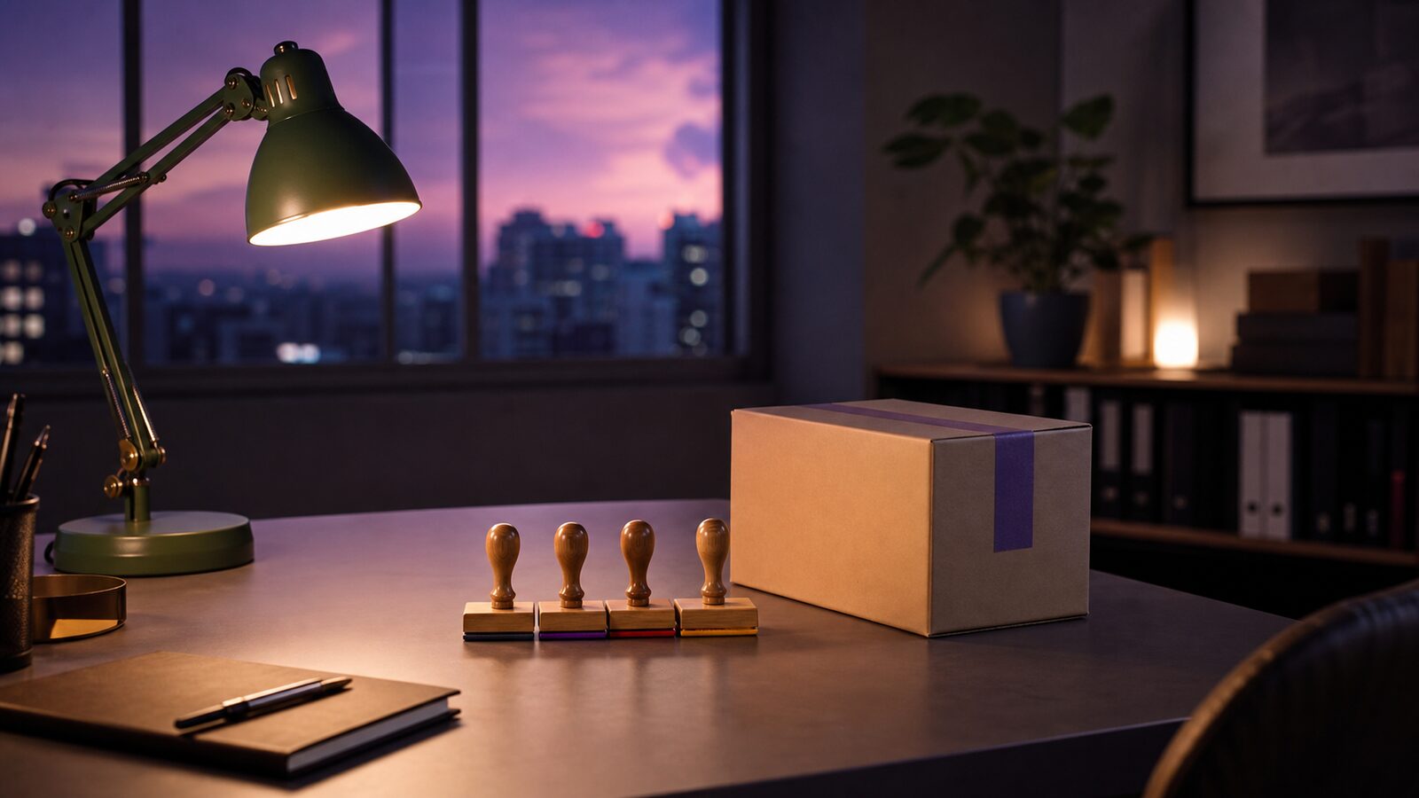 Calm evening desk with a green desk light and a row of completed quality-control stamps, no one left waiting
