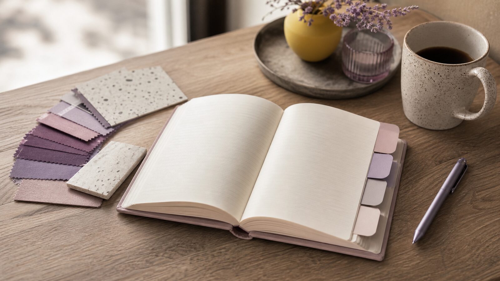 Buyer''s notebook with five blank divider tabs beside a proposed tool, contract and evidence sample, all text unreadable