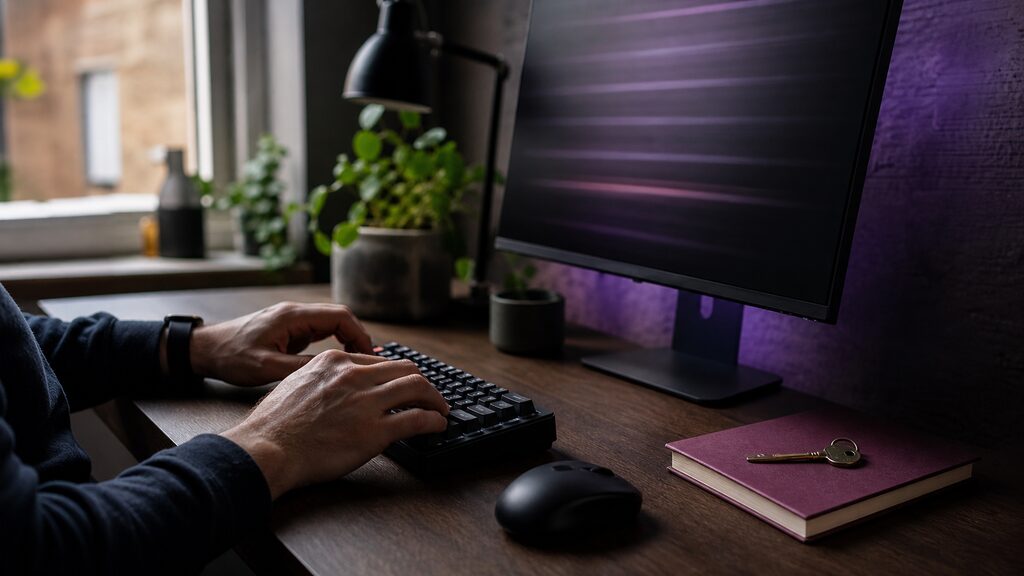 Close crop of a developer''s hands at a dark terminal workstation, with the screen glow abstracted and unreadable