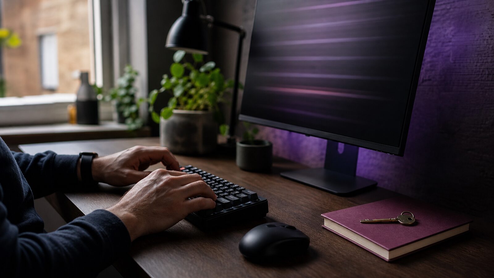 Close crop of a developer''s hands at a dark terminal workstation, with the screen glow abstracted and unreadable