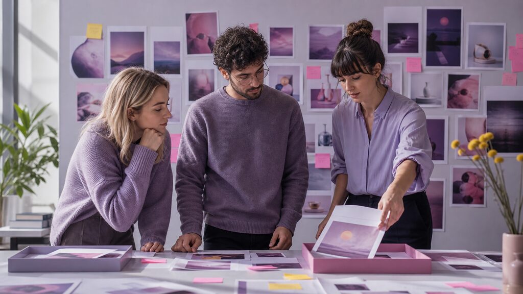 Team critique wall where one person confidently moves an AI-produced option into the reject area