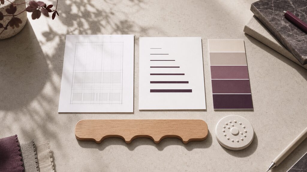 Five distinct design materials arranged into one balanced composition on a dark studio table