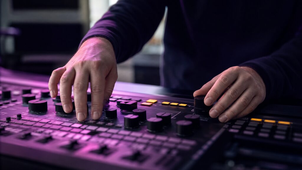 Hands testing a physical control panel by touch, with focus on labels, spacing and reachable controls rather than screens