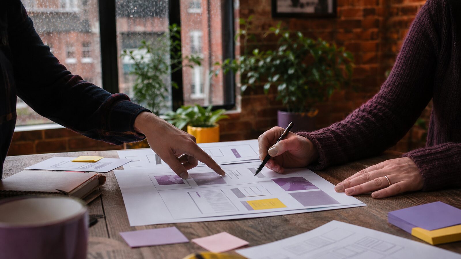 Thoughtful studio collaboration around a paper website prototype, with subtle Leeds red-brick texture in the background