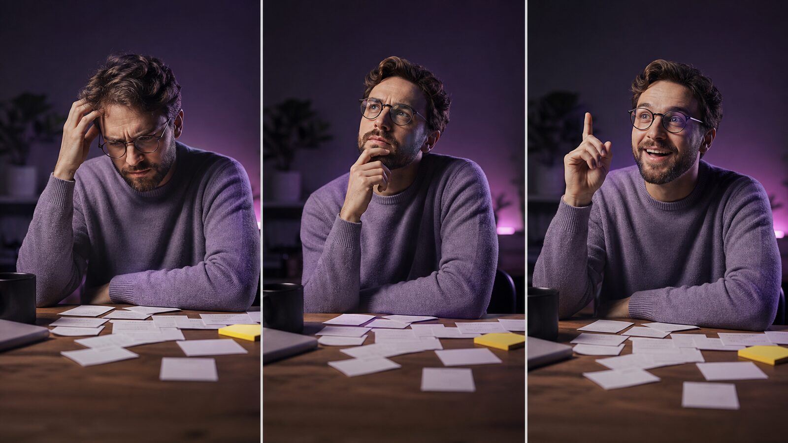 Three-image editorial sequence on a light table: real starting problem, decision moment and believable finished result