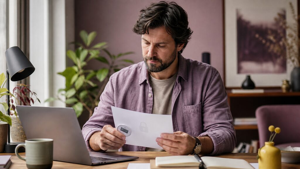 Business owner calmly reviewing a locked document case, approval card and energy meter before switching on a tool