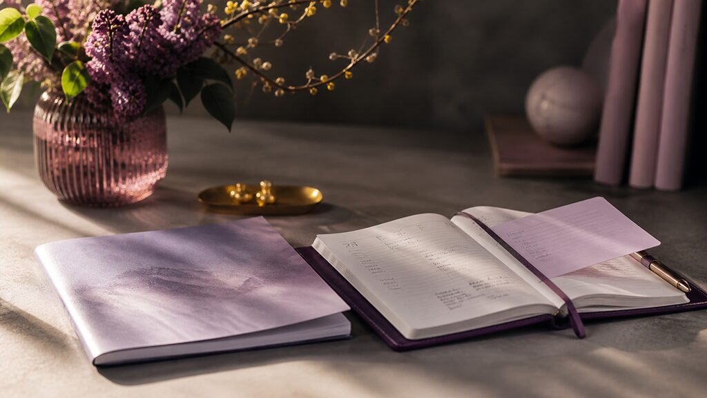 Closed brochure beside an active appointment book receiving a fresh enquiry card, photographed as a clear contrast