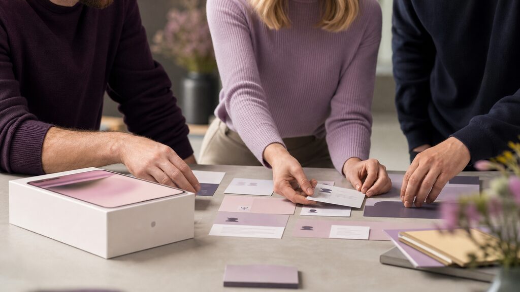 New device still boxed while a team works through role cards, review markers and practical rules around it
