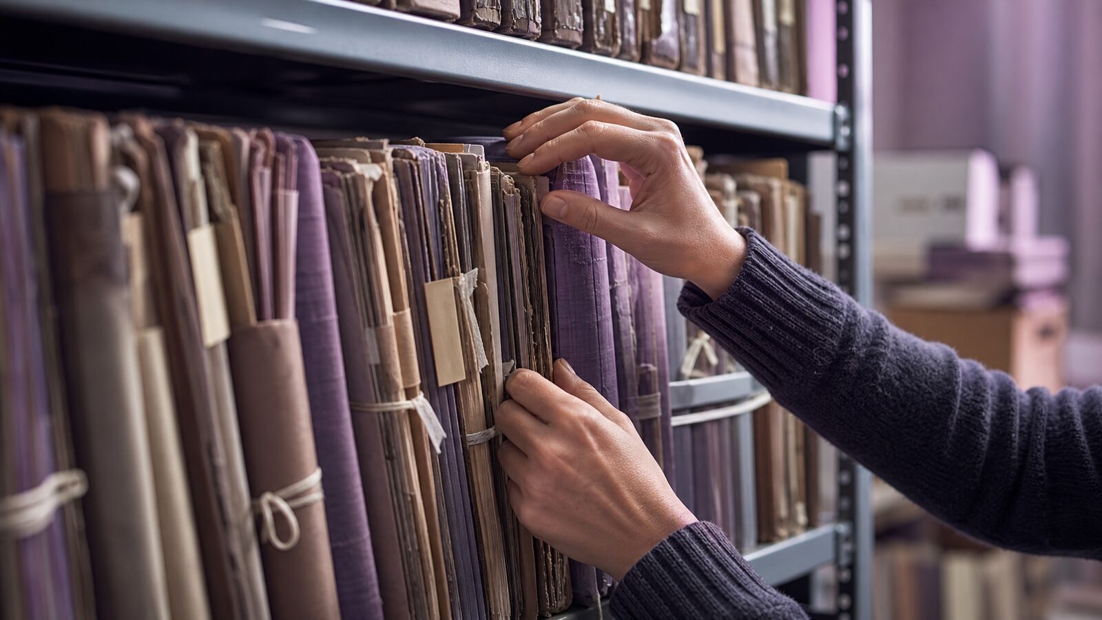 Archivist''s hands selecting a few trusted folders from a crowded records shelf for a clean working tray