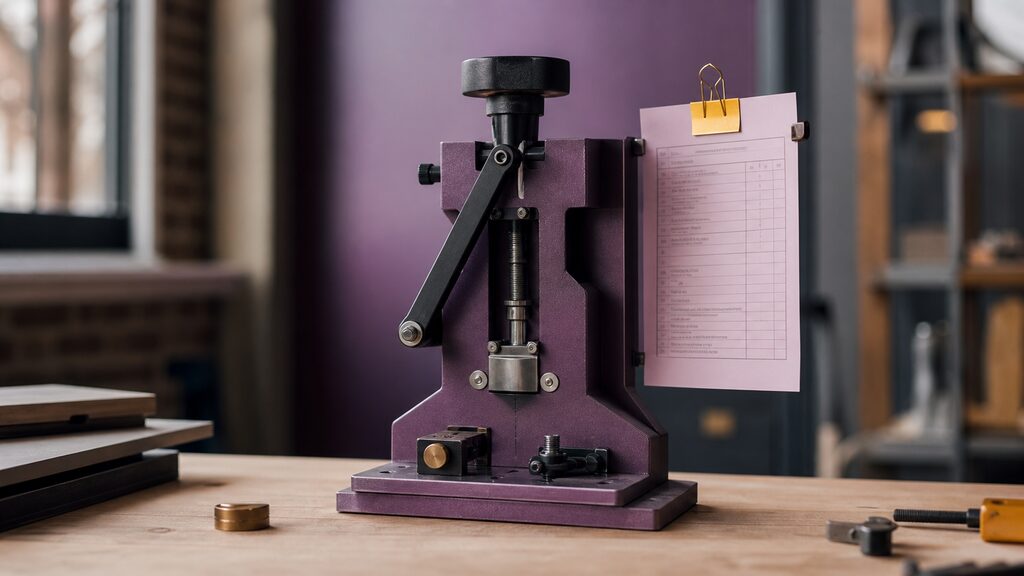 Well-used workshop jig with a concise maintenance card clipped beside it for the next person''s shift