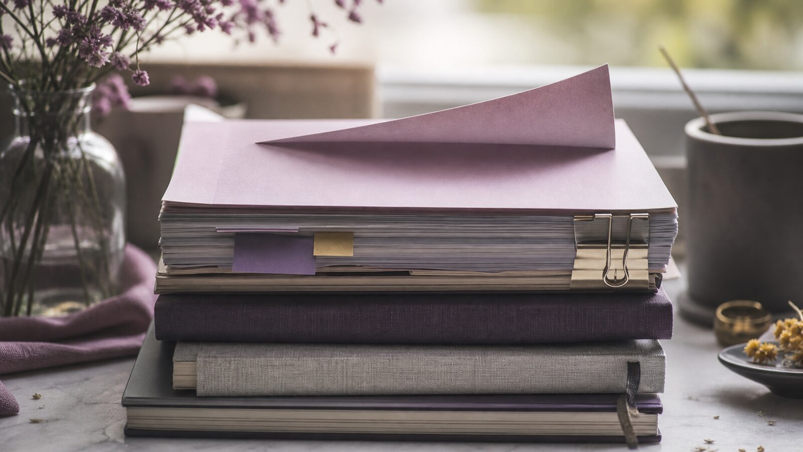 One heavily referenced page tab standing above an otherwise quiet stack, marked by several physical citation clips