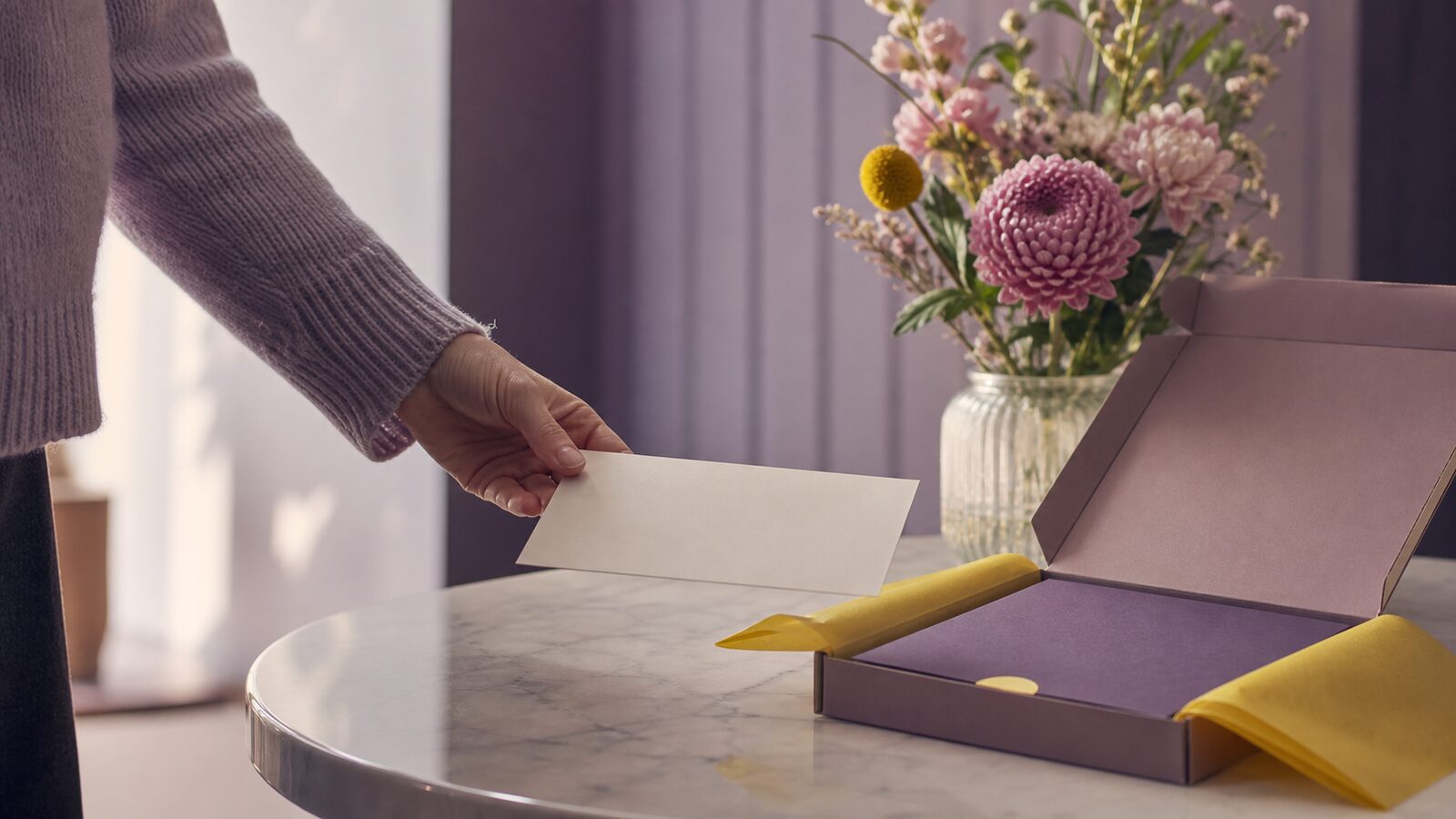 Fresh enquiry card arriving at an otherwise empty welcome desk now prepared with a clear next-step pack