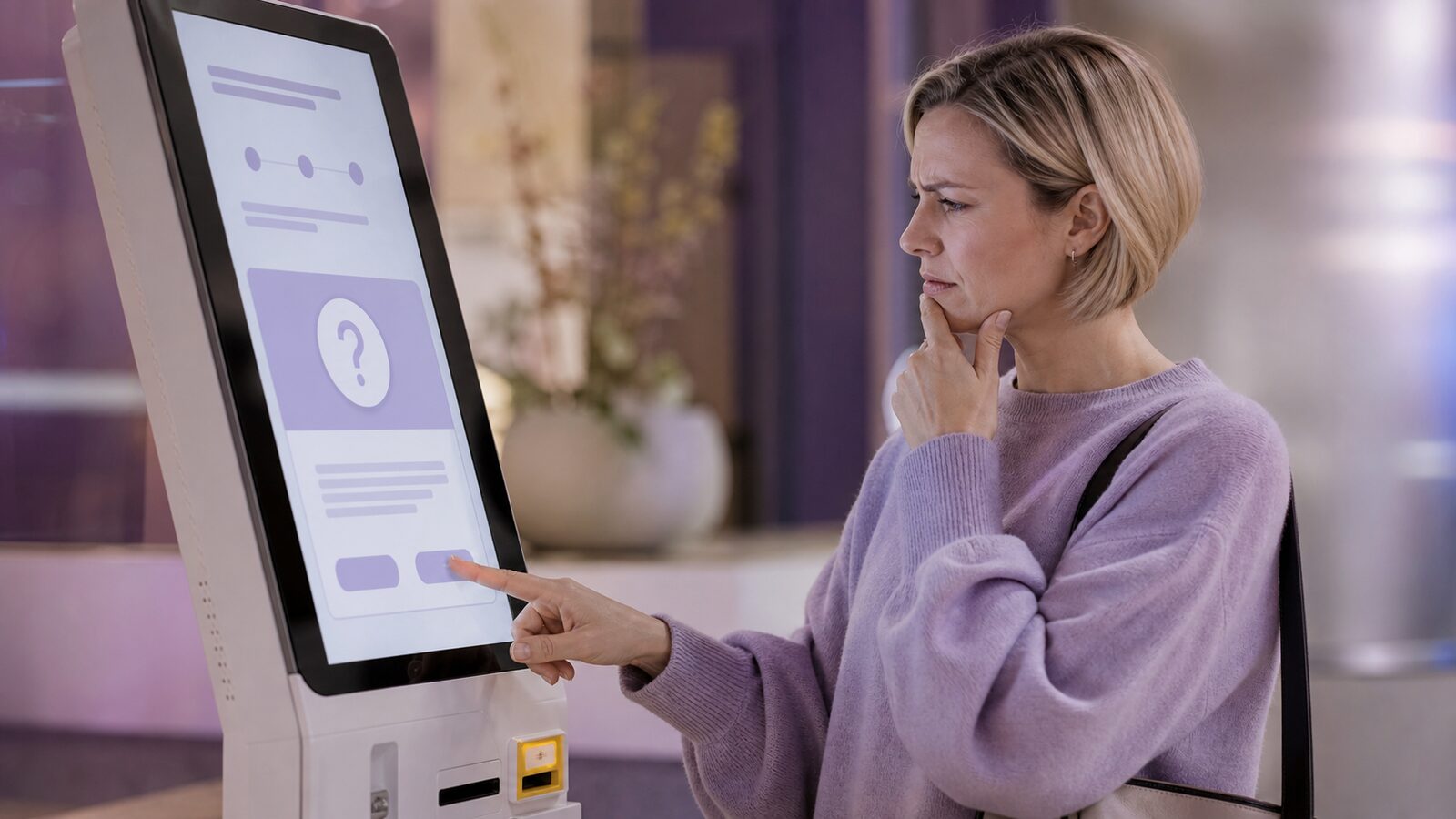 Customer''s hand paused at a confusing self-service machine while a clear alternative route sits just within reach