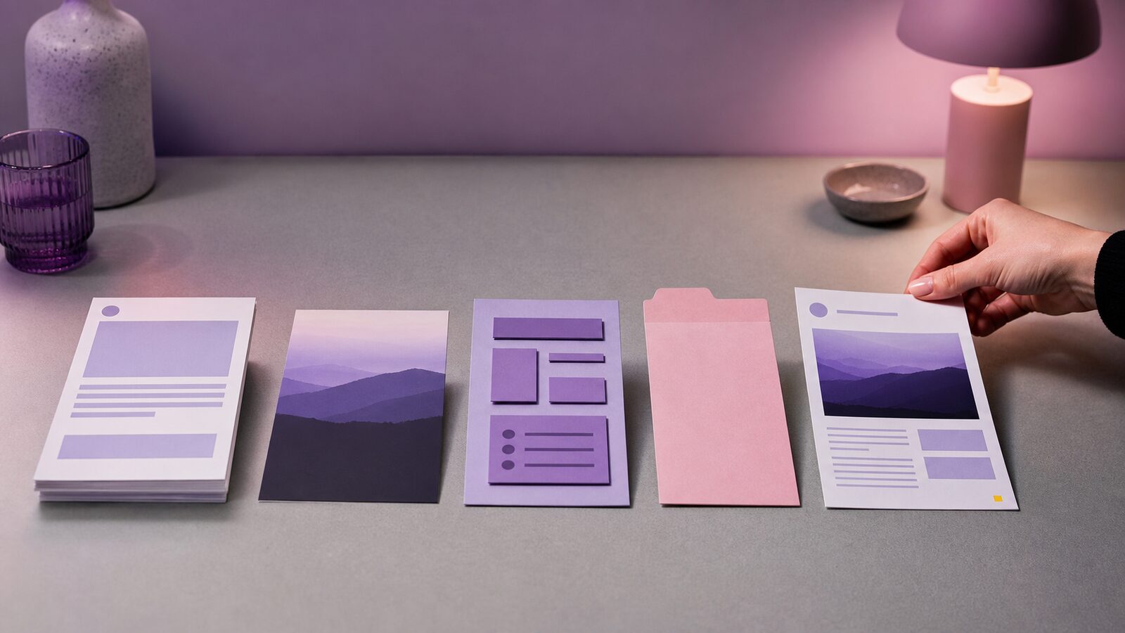 Five neatly arranged modular blocks being fitted into a clean publishing workspace, photographed like a design-object still life