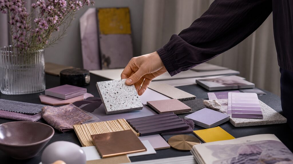 Curated table of contemporary web-design materials and colour samples, treated like a seasonal design forecast