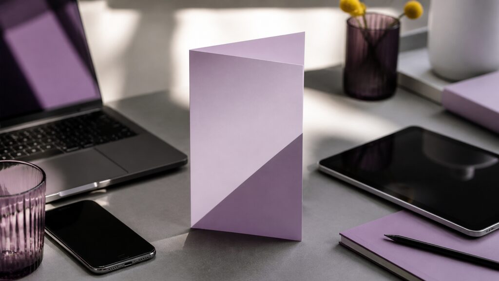 Simple, beautifully made folded brochure standing confidently among noisy digital devices and scattered notifications