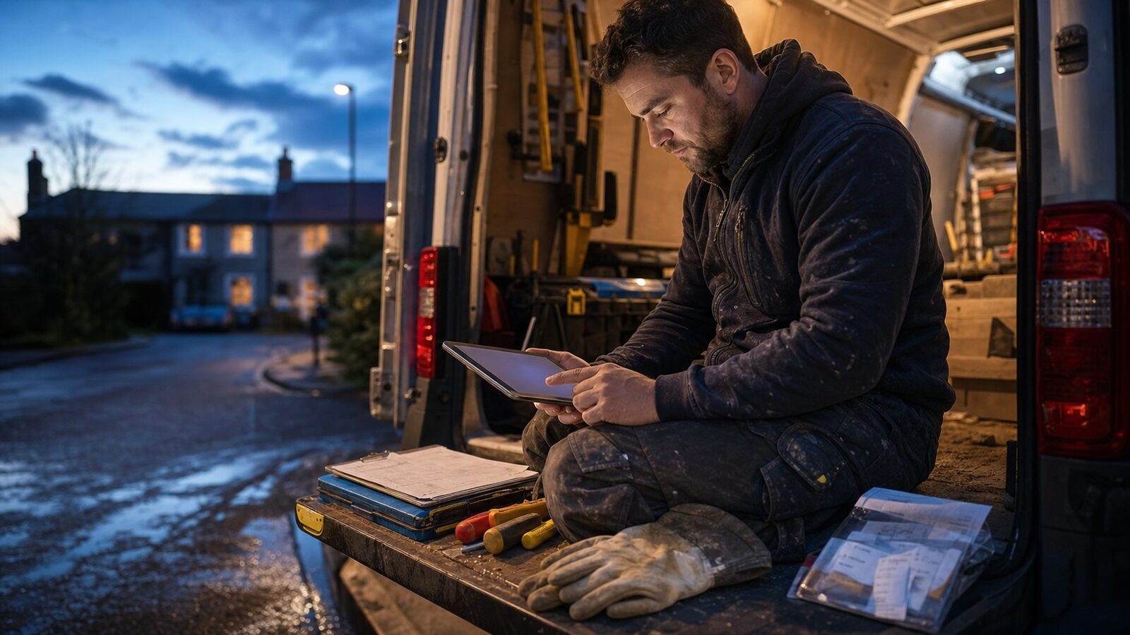 Tradesperson on the open back step of a van at dusk, checking a drafted quote beside tools and an organised job folder