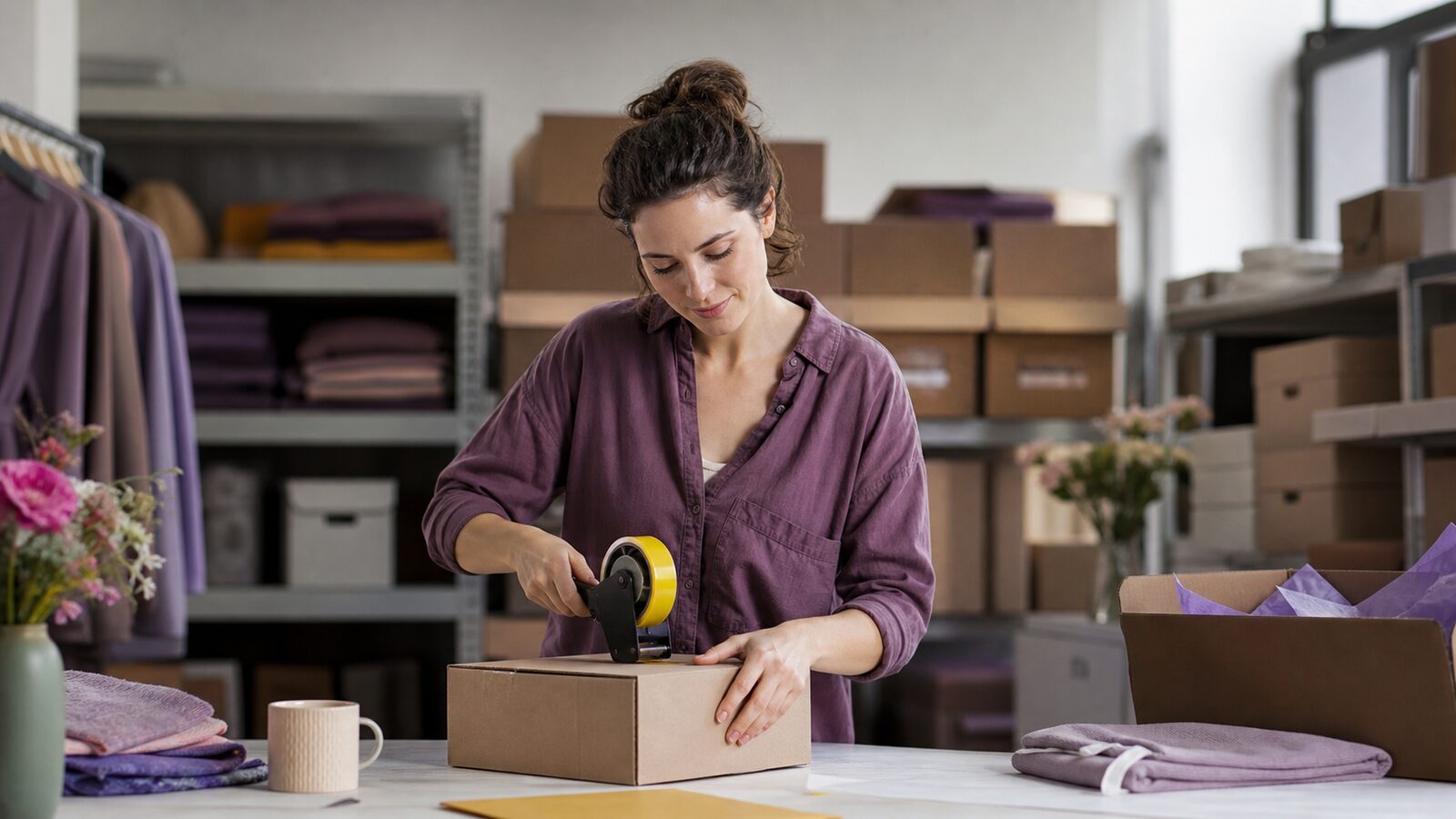 Owner in a real stockroom using a small practical assistant at the edge of daily work, not on a stage