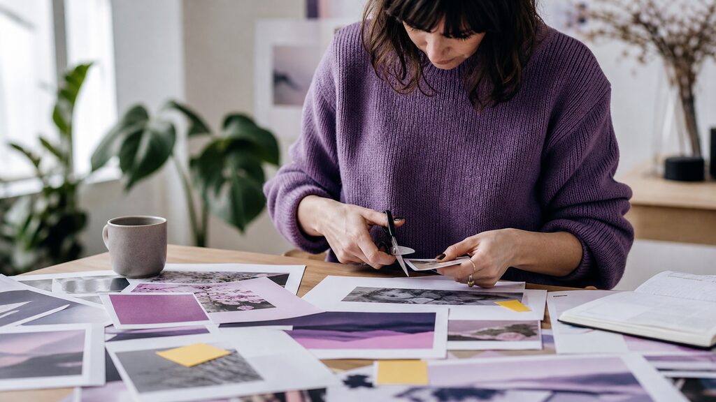 Editor''s hands cutting, arranging and refining plentiful rough printouts into one considered final page