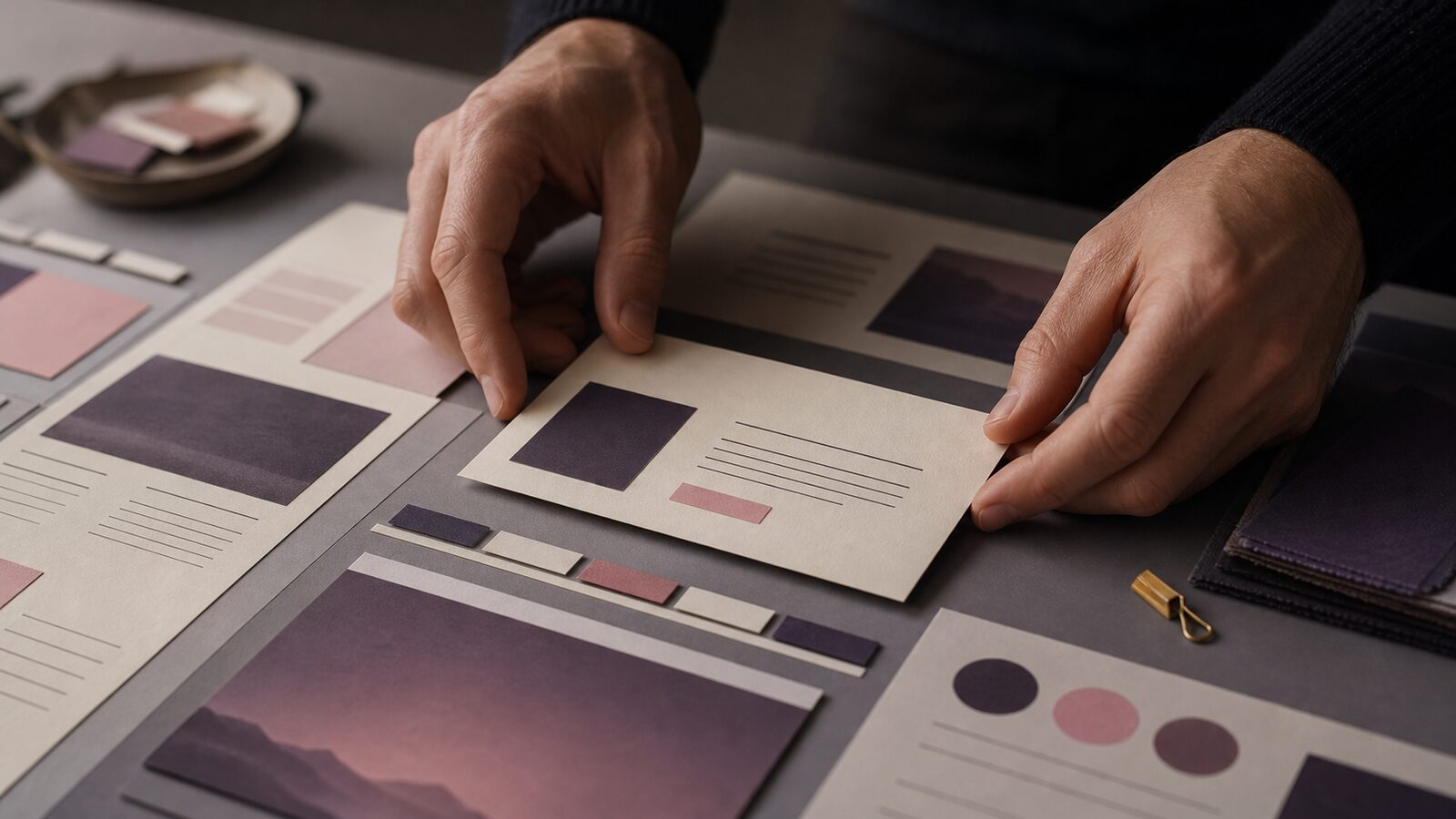 A craftsperson aligning a final component in a precise grid of paper, type specimens and navigation cards