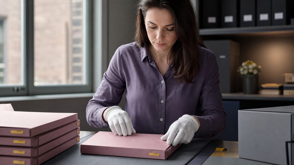 Sealed customer folders at a controlled reading desk with selected access tabs and a human review tray