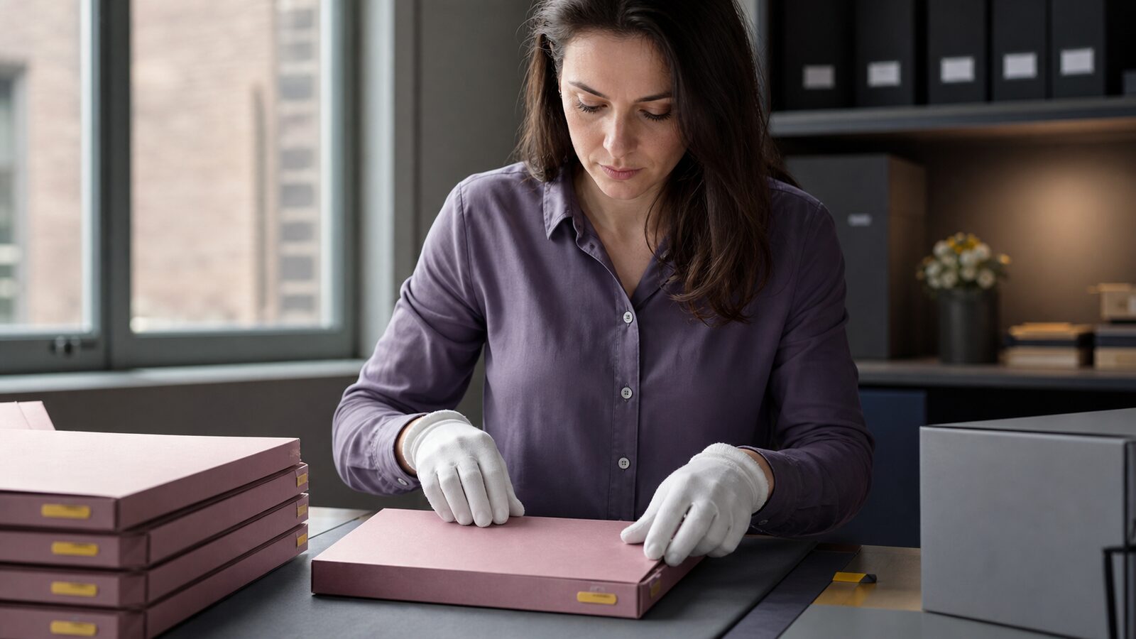 Sealed customer folders at a controlled reading desk with selected access tabs and a human review tray