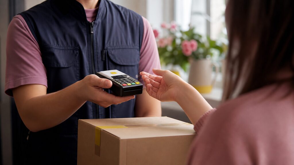 Unbranded parcel at a checkout bench with a machine-held payment token pausing for a human approval hand