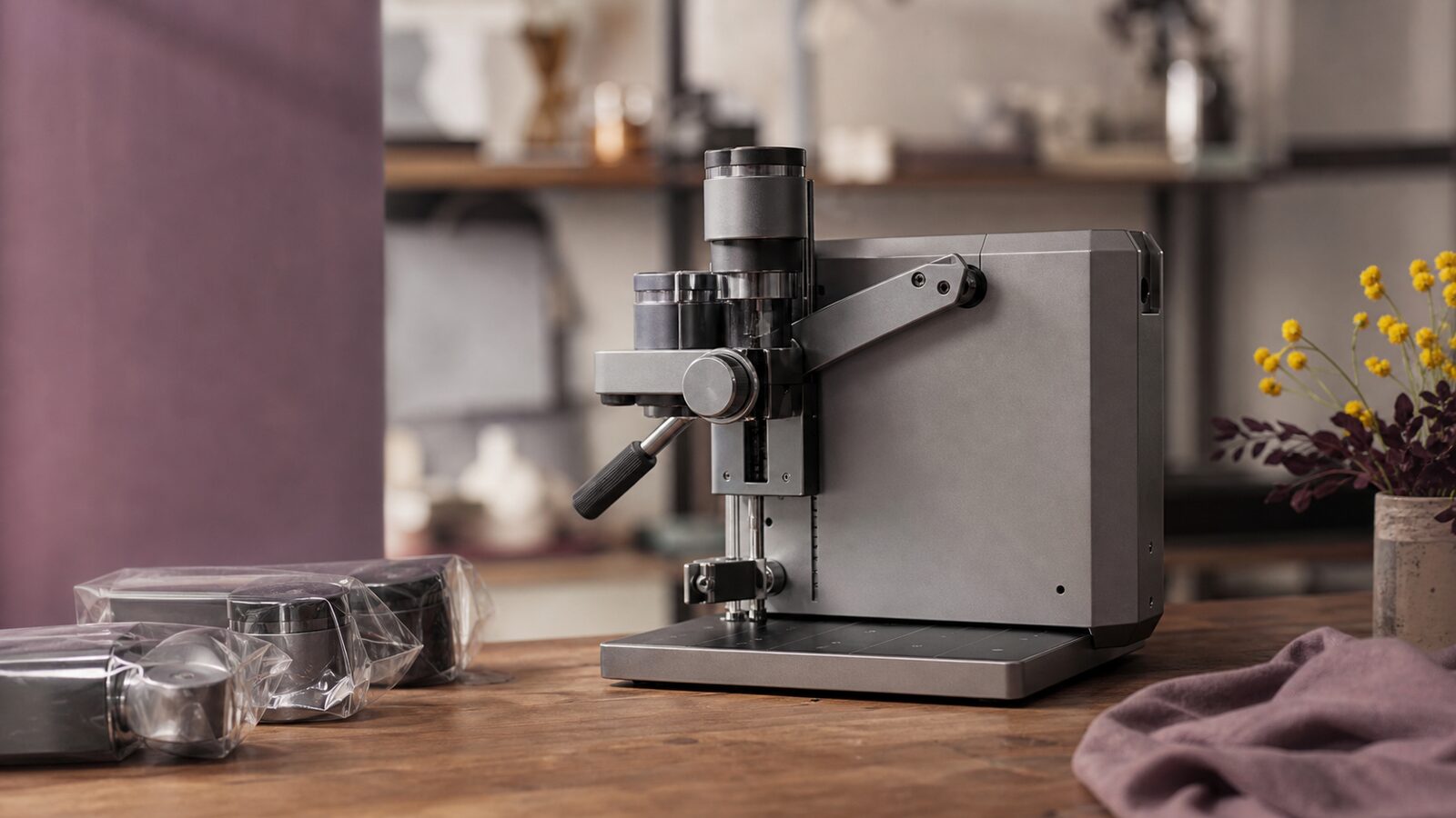 Prominent mechanical stop control on a compact working machine, with extra attachments still unopened nearby
