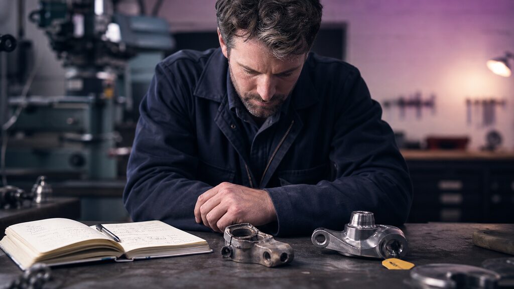 Engineer''s field notebook open beside the exact failed part and repaired replacement, photographed without legible writing