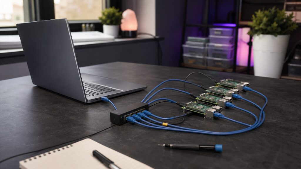 Network engineer''s bench with one laptop cleanly controlling four bare single-board computers through a simple hub and tidy cabling