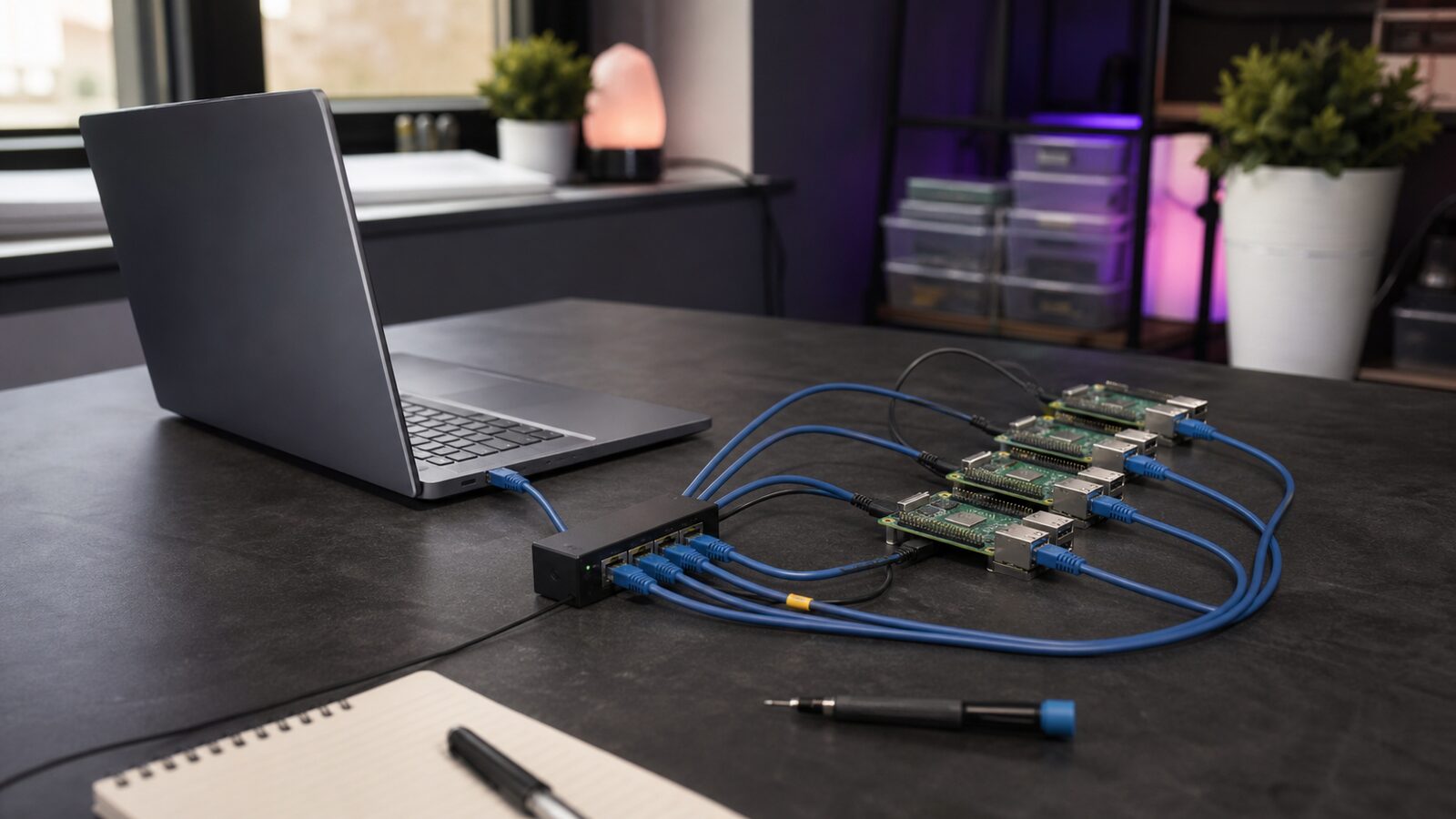 Network engineer''s bench with one laptop cleanly controlling four bare single-board computers through a simple hub and tidy cabling