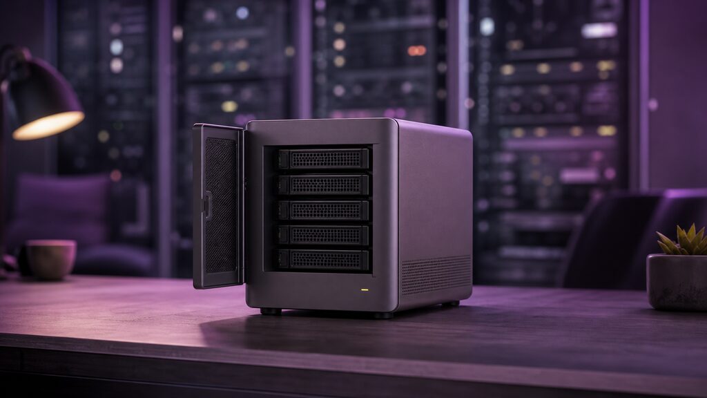 Compact desktop device storing its own labelled physical media, disconnected from the hazy server room beyond