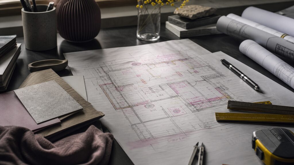 Architect''s measured survey, marked-up plan and material sample arranged before any construction begins