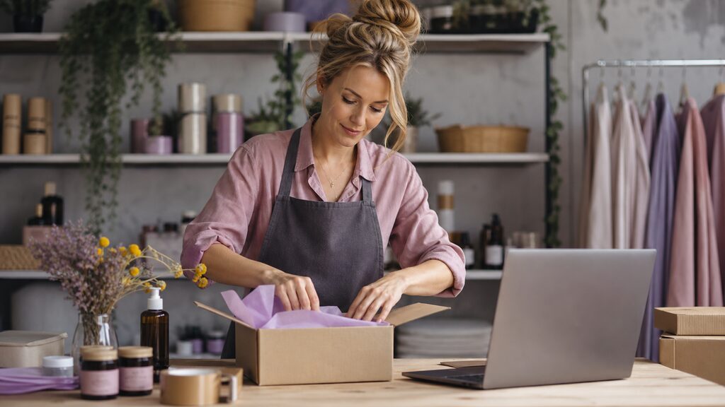 Independent maker packing an order beside a laptop and branded parcel, showing the website connected to real work