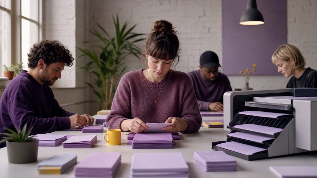 Small team still present around a worktable while repetitive task cards move to a compact machine at the side